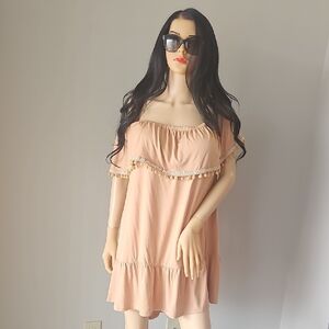 Lane Bryant Peach Off-Shoulder Midi Dress with Pom Trim